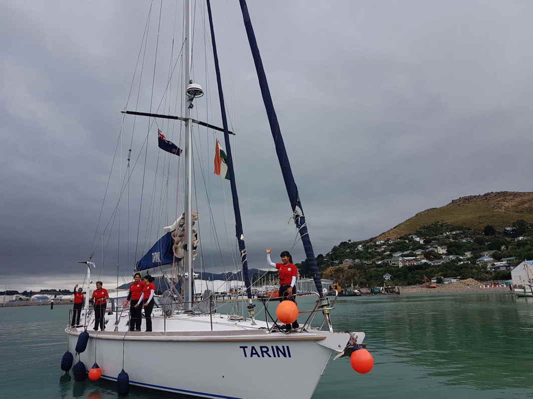 JOURNEY CONTINUES: Crew members of INSV Tarini, Navika Sagar Parikrama, on a mission of Circumnavigation of the Globe, leave Port Lyttleton for their next destination Port Stanley (Falklands), UNI
