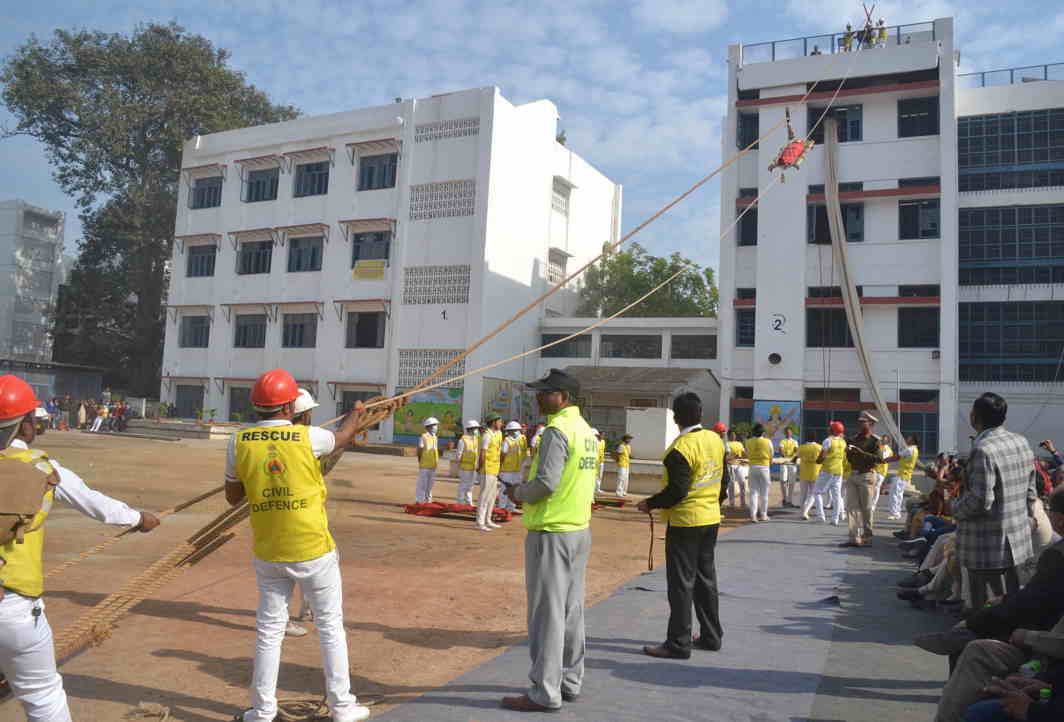 HOW TO HELP: Civil defence volunteers demonstrate a rescue drill on the occasion of Civil Defence Raising Day-2017 in New Delhi, UNI