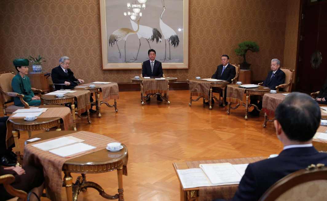 ROUND TABLES: (Clockwise from top) Japan's Prime Minister Shinzo Abe, House of Representatives speaker Tadamori Oshima, House of Councillors speaker Chuichi Date, Chief Cabinet Secretary Yoshihide Suga, Princess Hanako and Prince Hitachi attend a meeting of the Imperial Household Council to discuss the timeline for the abdication of Japan's Emperor Akihito in Tokyo, Reuters/UNI
