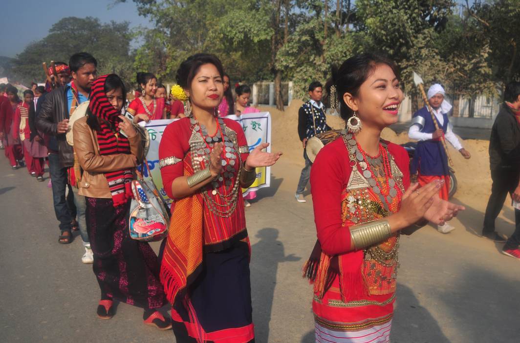 DRESS UP: Traditionally attired tribal girls participate in the Kokborok Day celebrations in Agartala, UNI