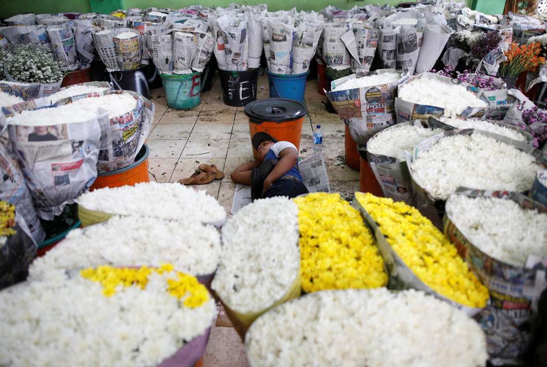 NO BED OF ROSES: A vendor naps at a large cut flowers market in West Jakarta, Indonesia, Reuters/UNI