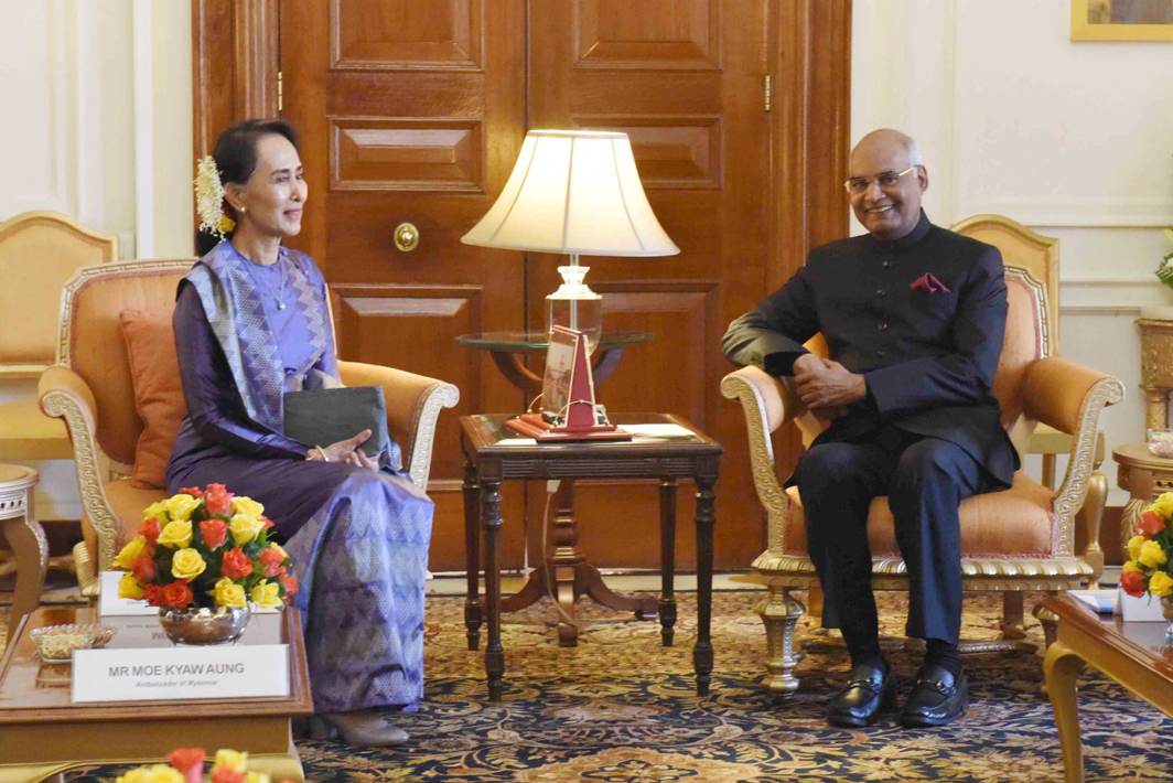 ON THE SAME PAGE? Aung San Suu Kyi, state counsellor of Myanmar, calls on President Ram Nath Kovind at Rashtrapati Bhavan in New Delhi, UNI