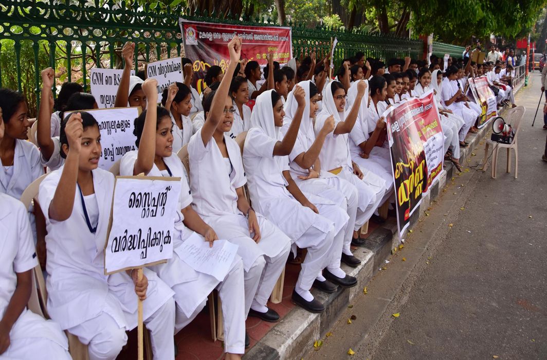 HEAR US: Kerala Government Student Nurses Association stages a dharna in front of Kerala Secretariat to press their various demands, in Thiruvananthapuram, UNI