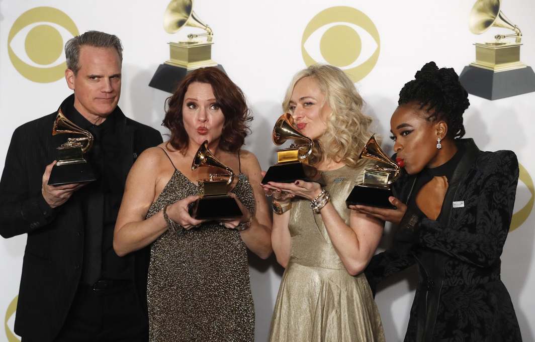 PRECIOUS GRAMAPHONE: Actors Michael Park, Jennifer Laura Thompson, Rachel Bay Jones, and Kristolyn Lloyd pose with the Grammy for Best Musical Theater Album for "Dear Evan Hansen" at the 60th Annual Grammy Awards, New York, US, Reuters/UNI