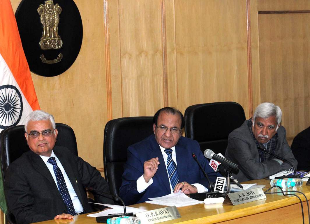 SPRING POLLS: Chief Election Commissioner Achal Kumar Joti along with Election Commissioners OP Rawat and Sunil Arora addresses the press conference to announce the election schedule to the legislative assemblies of Meghalaya, Tripura and Nagaland, in New Delhi, UNI