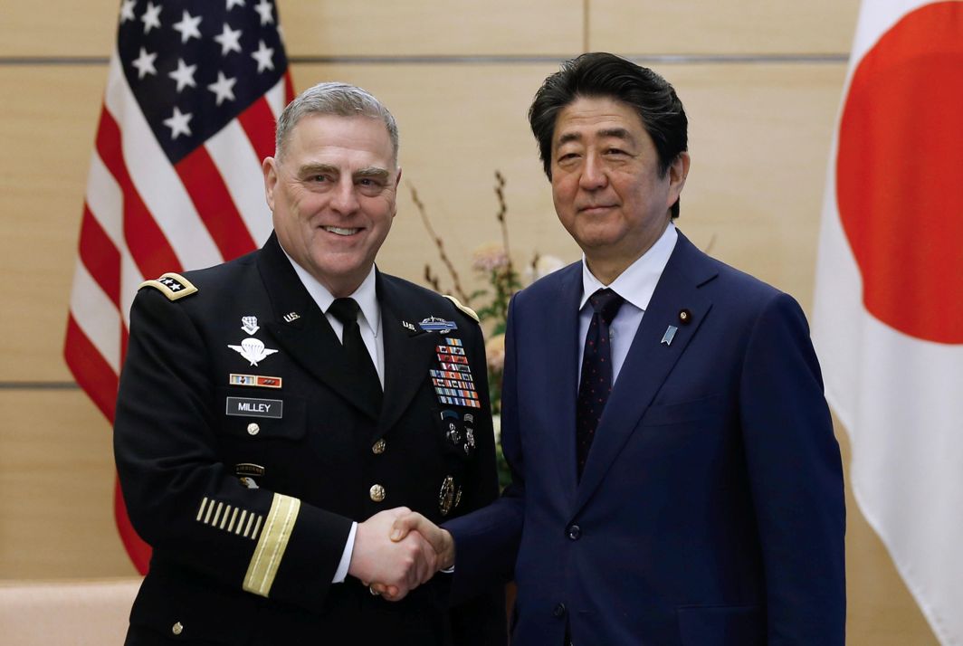 WELL MET: The Chief of Staff of the US Army General Mark Milley (left) meets with Japan's Prime Minister Shinzo Abe at his official residence in Tokyo, Japan, Reuters/UNI