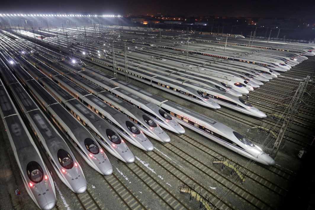 IN HARMONY: China Railway’s high-speed Harmony bullet trains are seen at a high-speed train maintenance base, as the Spring Festival travel rush begins, in Wuhan, Hubei province, China, Reuters/UNI