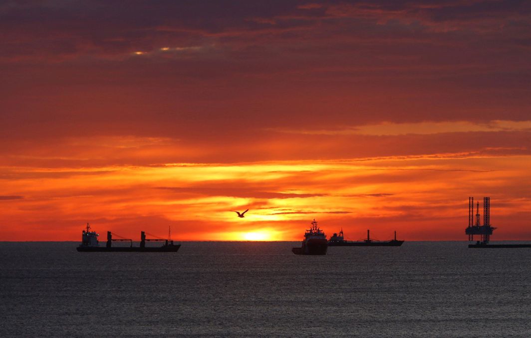TEQUILA SUNSET: A seagull flies by as cargo ships and an offshore supply vessel lie at anchor at sunrise off Sousse, Tunisia, Reuters/UNI