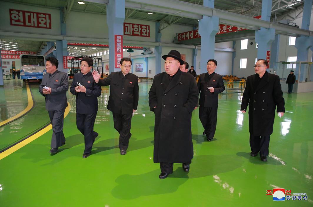 THE SUPERVISOR: North Korean leader Kim Jong-in inspects a newly established Pyongyang trackless trolley factory in Pyongyang, KCNA/Reuters/UNI