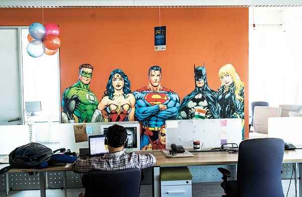 INCREDIBLE HULK: Superheroes adorn a wall at the digital arm of the Times Group, the country’s largest media conglomerate